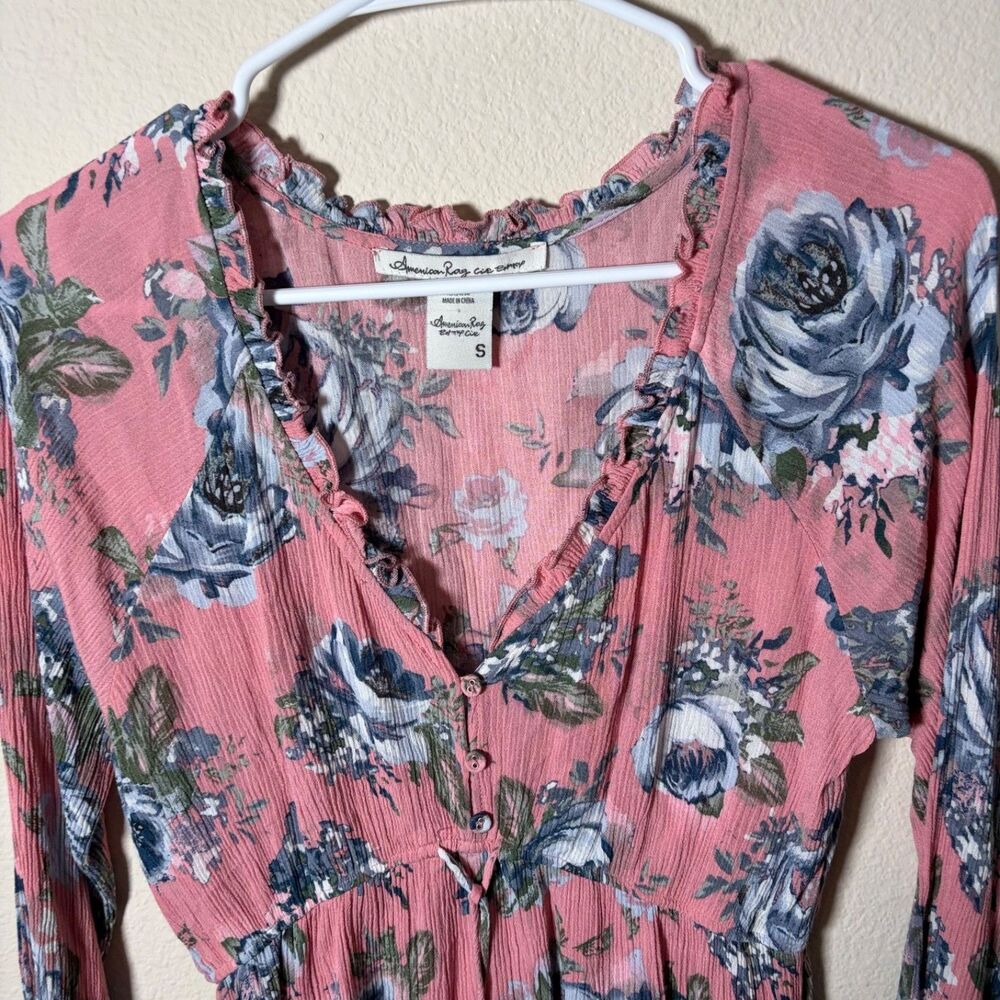 American Rag Cie Blouse Women's Small Floral Ruffle V-Neck Tie Casual Top - Picture 3 of 7